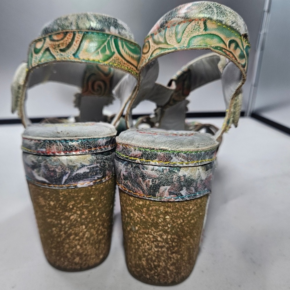 L' Artiste 38 Leather Green Floral Platform Sandals Chunky Heel Ankle Strap #368 - Picture 5 of 8